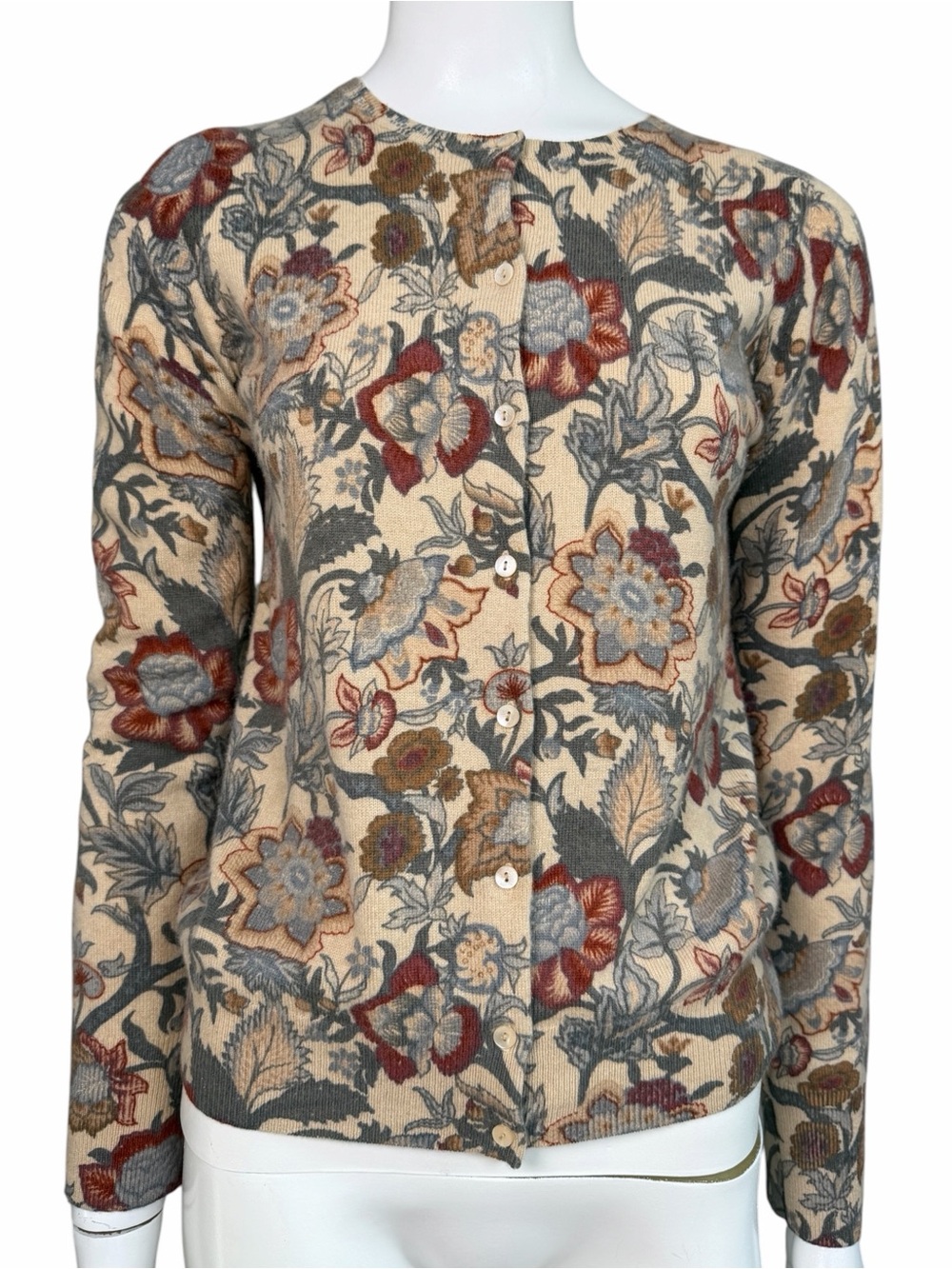 Neiman Marcus 100% Cashmere Floral Cardigan XS Botanical Print Button Sweater